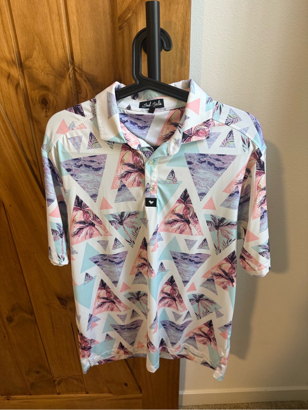 Bad Birdie Men’s Pastel Triangle Palm Print Polo Medium - Mint, Pink & Purple